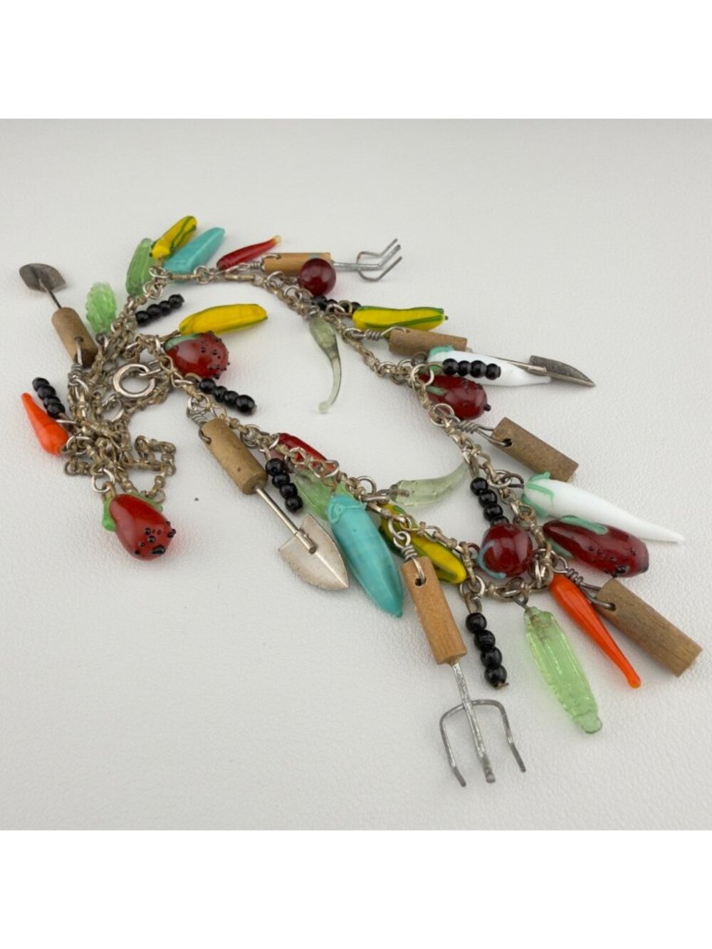 Vintage Fruit Salad Art Glass Veggies Dangle Charm Necklace